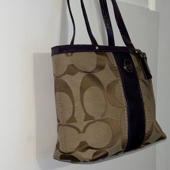 Y2K COACH SIGNATURE C STRIPE TOP HANDLE TOTE F48798 BRASS/KHAKI/PURPLE PURSE BAG - Picture 4 of 12